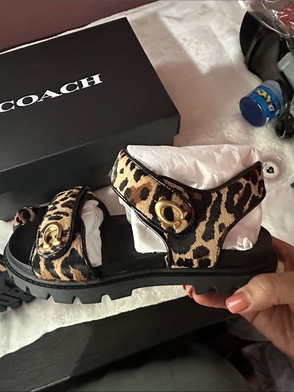 Coach Leopard-Print Slide Sandals in Black and Tan - Picture 8 of 13